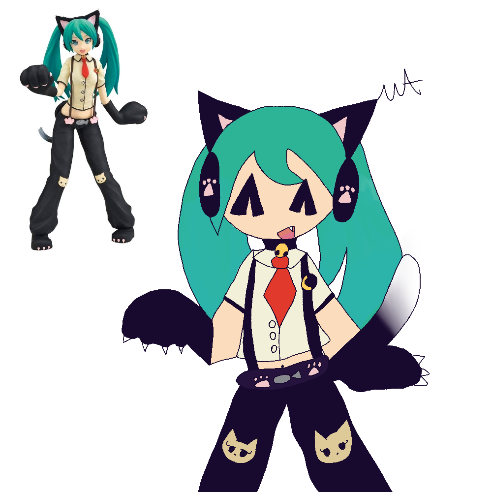 Girl with long blue pigtails in a black cat outfit with straps.