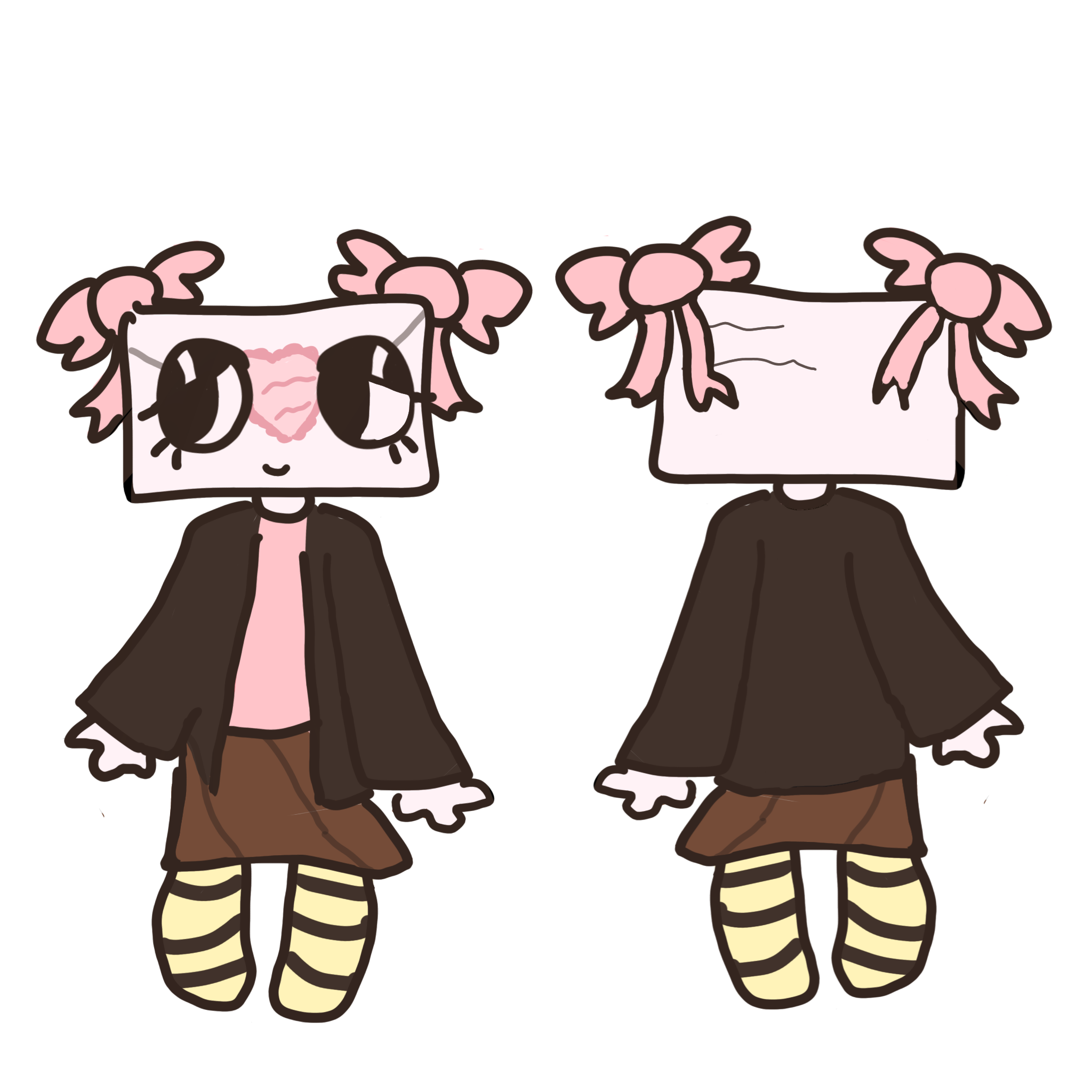 My Dandy's World Oc Lelia. She is an anthropromophic letter with a brown cardign, lighter brown skirt, and yellow stripped stockings