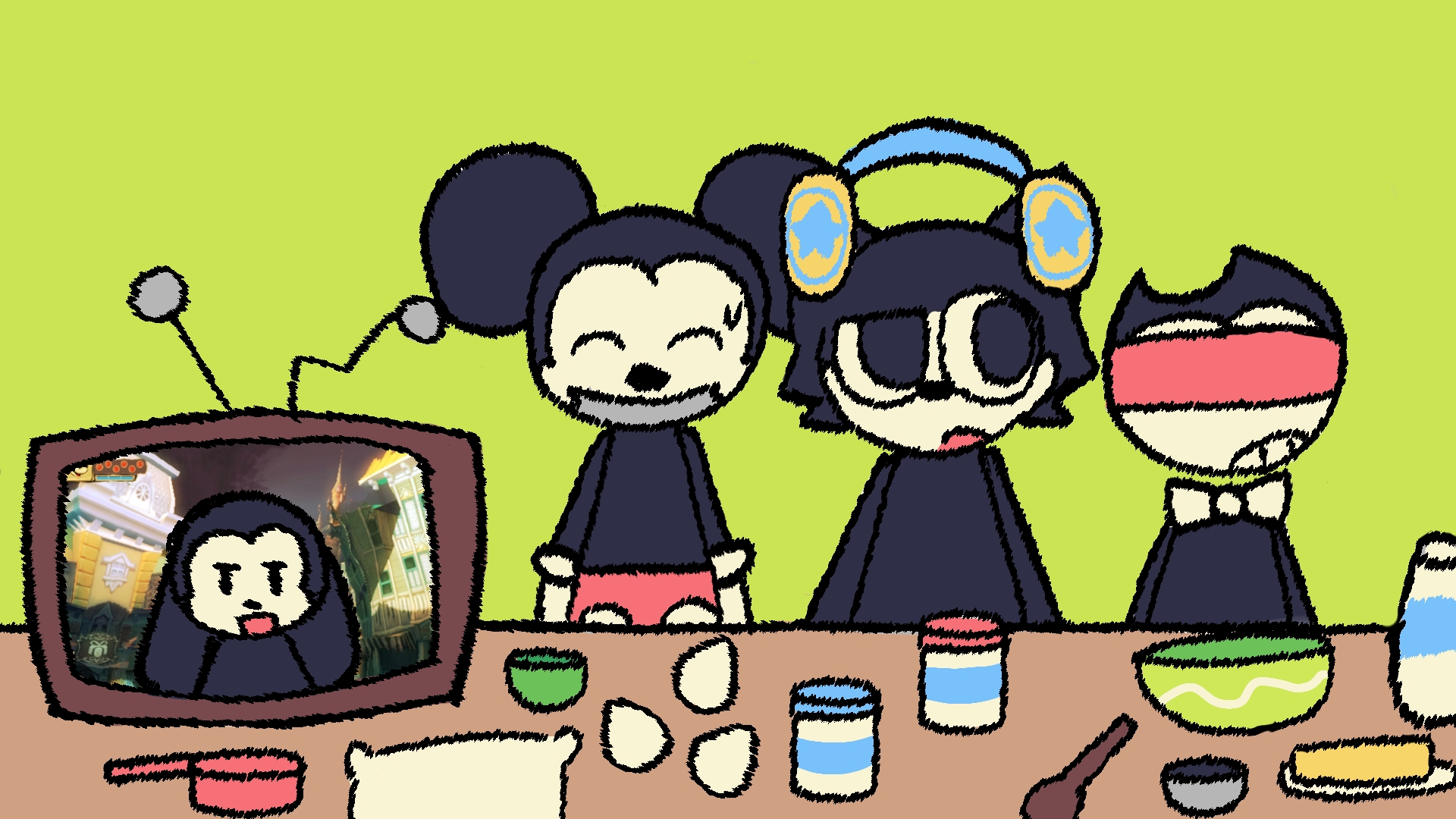 4 cartoons stand next to each other, from left to right, one is trapped in a tv, one is 'mute' by having ducktape over his mouth, one has noise cancelling headphones on him making him 'deaf' and the last one is blindfolded. they all are teying to bake a cake in this challange.