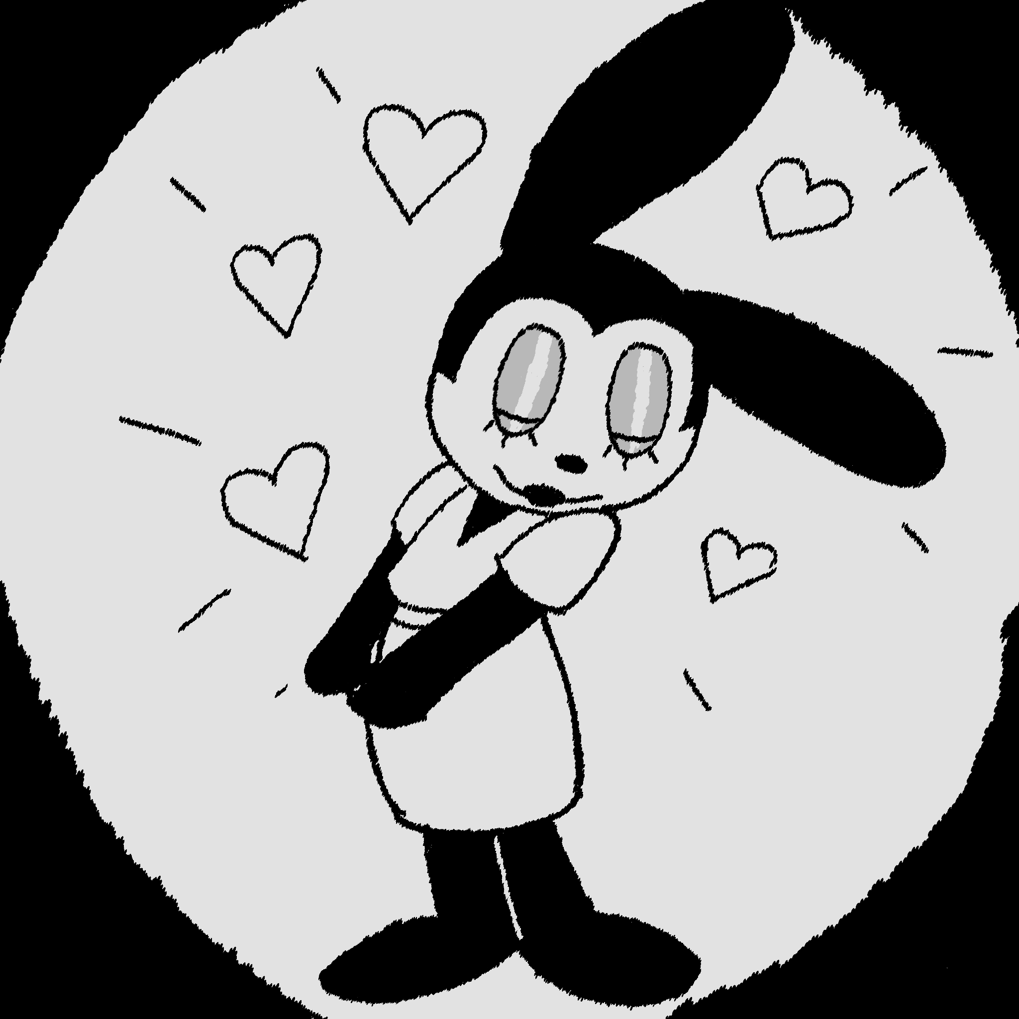 A black bunny is batting her eyelashes as she is in love. Shes wearing a grey dress.