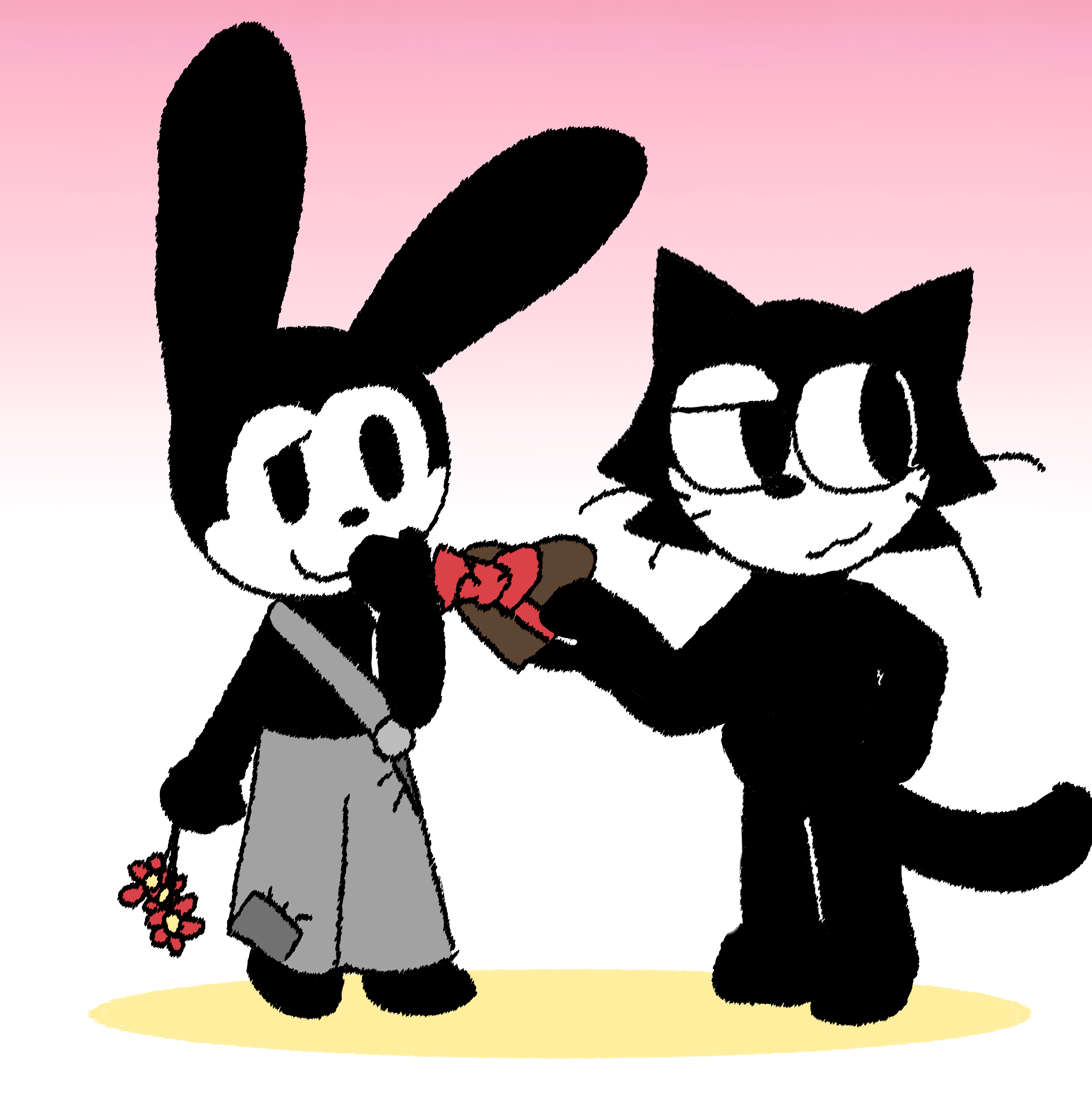 A black cat giving a chocolate heart to a black bunny holding flowers behind his back