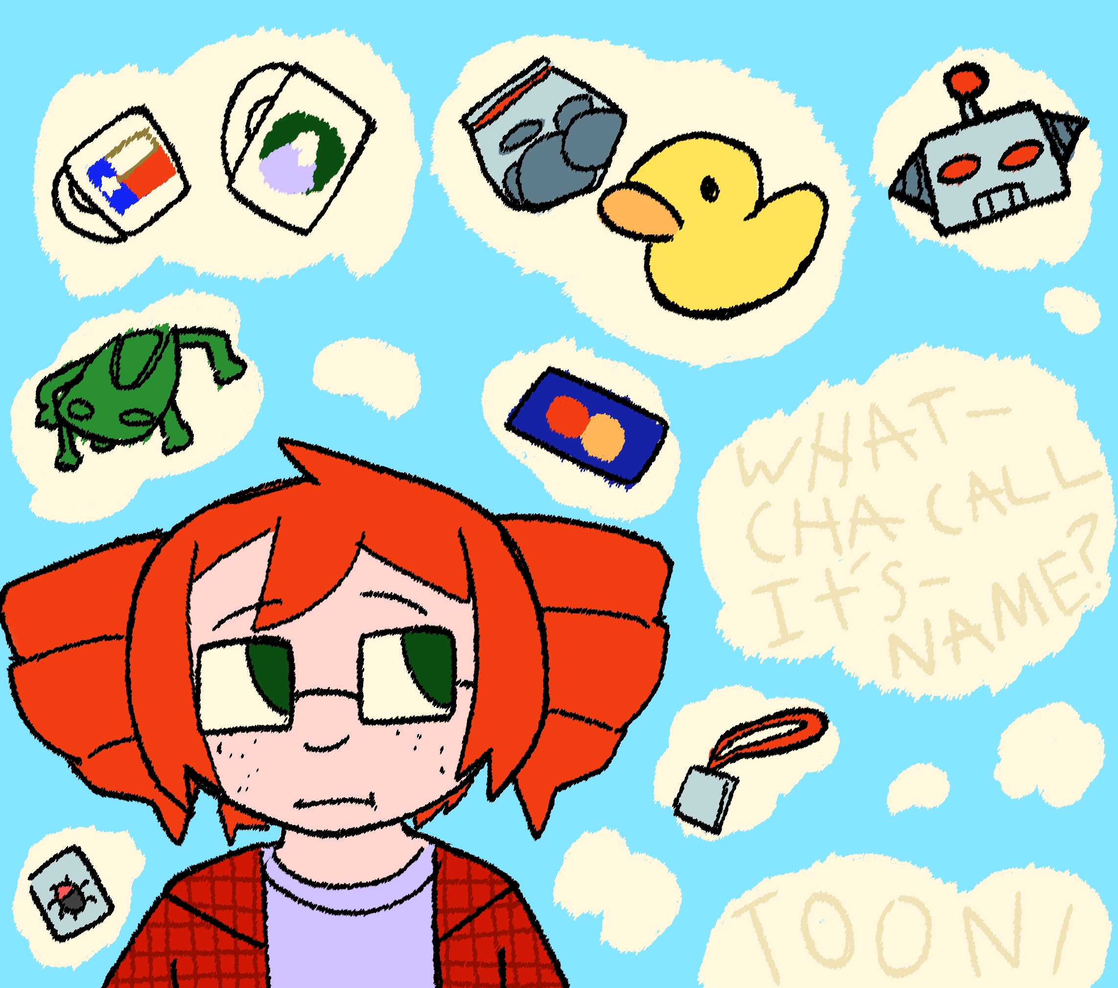 a red haired girl with twin drills looks around her. White bumpy thought bubbles of memories suround her. One titled, 'whatcha-call-its-name?'